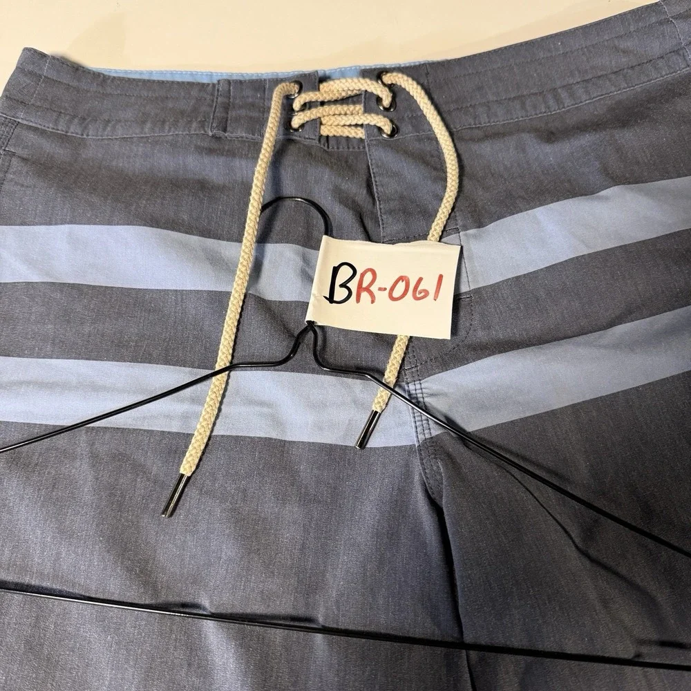 Fair Harbor Board Shorts Mens 33 Waist Gray Blue Striped Swim Trunks Drawstring